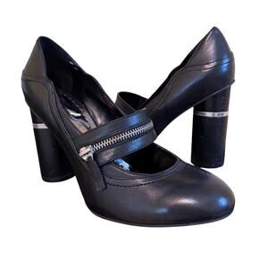 BCBG Lotun Black Leather Mary Jane Heeled Pumps Zipper Round Heel Women's 10